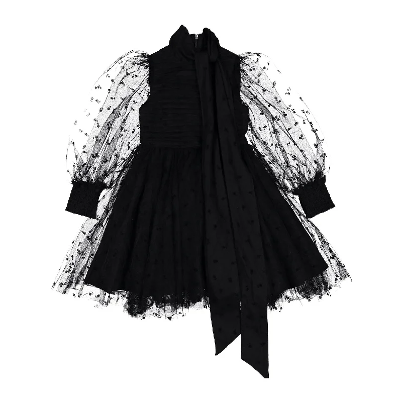 Petite Amalie Black Rose Flocked Mesh Bow Dress