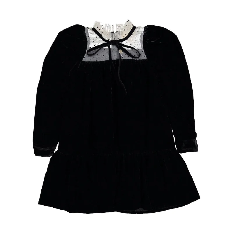 Petite Amalie Black Flock Spot Mesh & Velvet Dress