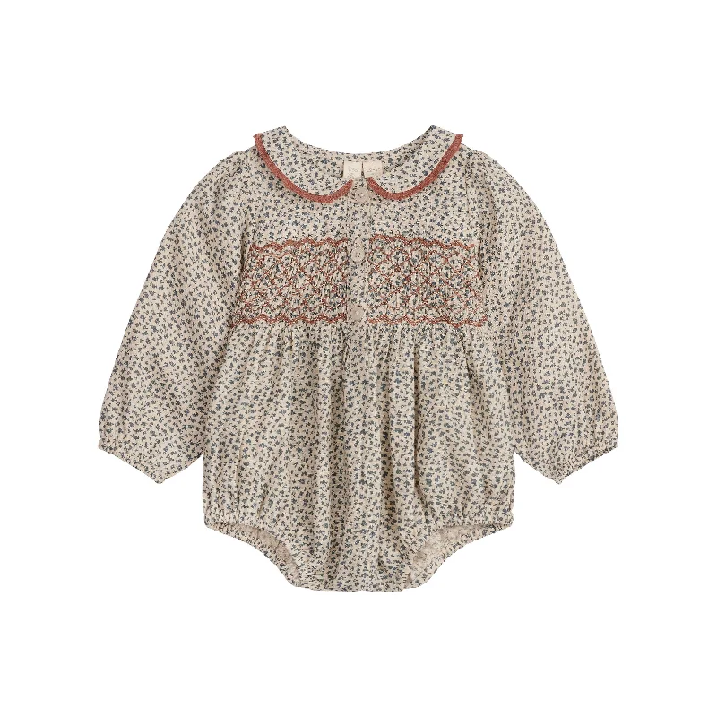 Little Cotton Clothes Cowslip Floral In Fog Organic Emilie Smocked Romper