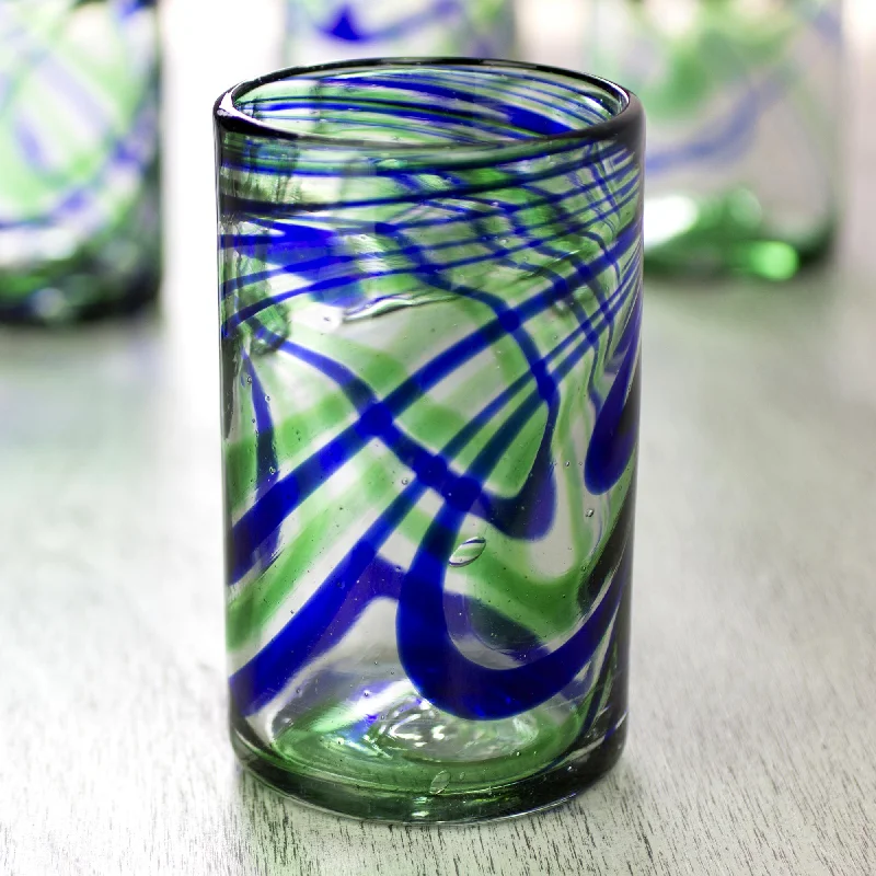 Elegant Energy Set of 6 Hand Made Blown Glass Tumblers in Blue and Green