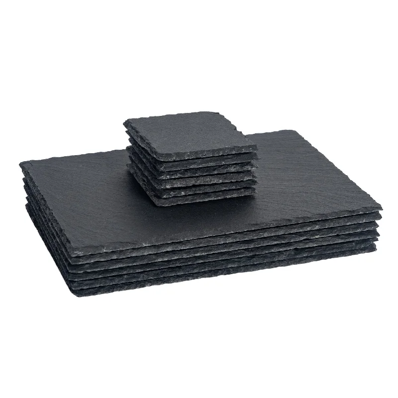 12pc Black Rectangle Slate Placemats & Coasters Set - By Argon Tableware