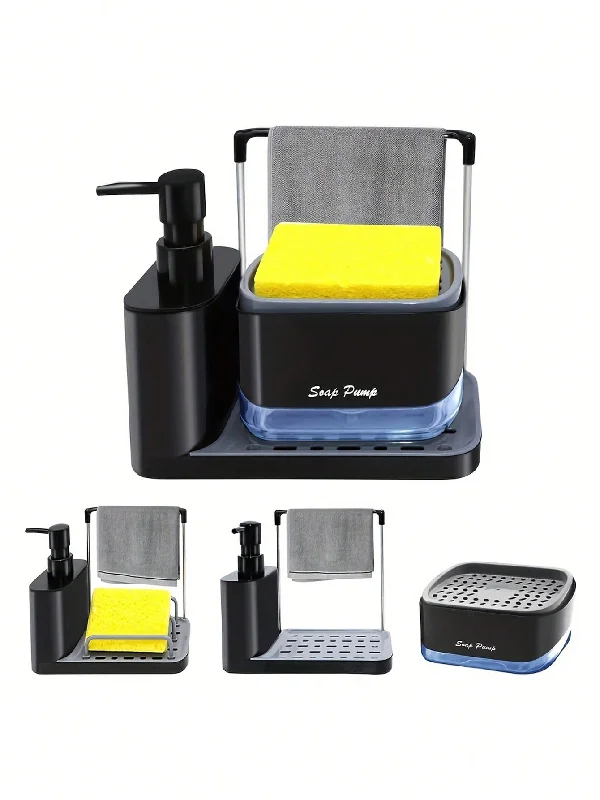 1 Pc Hand And Dish Soap Dispenser Set With Sponge Holder, Dual Soap Dispenser With Dishcloth Holder, Dish Soap Dispenser For Kitchen Sink With Tray, 5-In-1 Organizer For Kitchen Sink Countertop