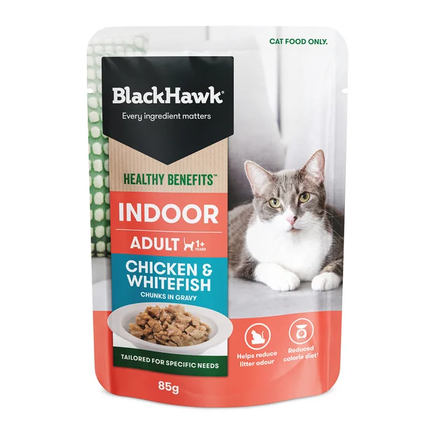    - Cat food for pregnant and nursing cats  Black Hawk Healthy Benefits Pouches Indoor Chicken & Whitefish Cat Food 12x85g