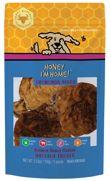 Honey I'm Home! Natural Honey Coated Buffalo Dog Treats Tremenda Discs Puffs