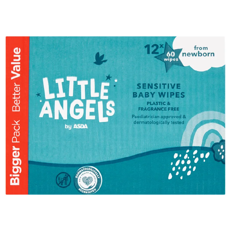 LITTLE ANGELS by ASDA 12x60 Newborn Sensitive Baby Wipes Plastic & Fragrance Free