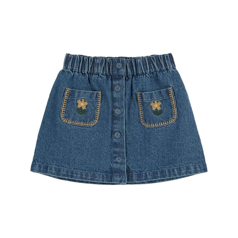 Emile et Ida Denim Embroidered Flower Pocket Skirt