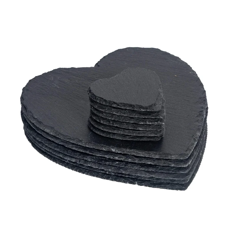 12pc Black Heart Slate Placemats & Coasters Set - By Argon Tableware