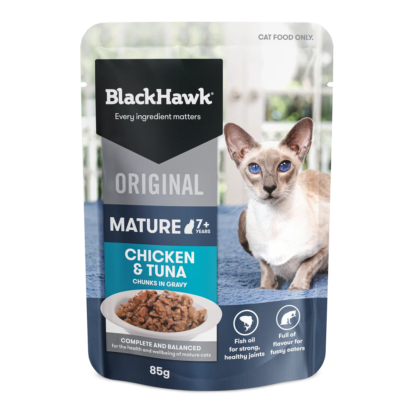    - Kitten food  Black Hawk Mature 7+ Pouches Chicken & Tuna In Gravy Cat Food 12x85g