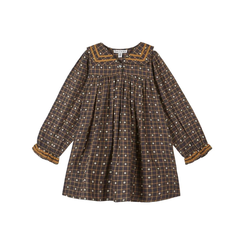 Emile et Ida Brown Flower Check  Sailor Collar Dress