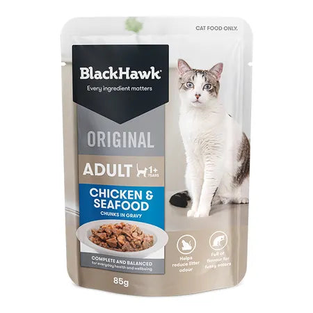 2. **Brand-Related**  Black Hawk Adult Pouches Chicken & Seafood In Gravy Cat Food 12x85g