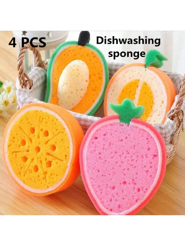 4pcs Fruit Design Dishwashing Sponge, Kitchen Sponge For Cleaning Dishes, Thickened Scouring Pad For Scrubbing & Wiping Pots & Pans