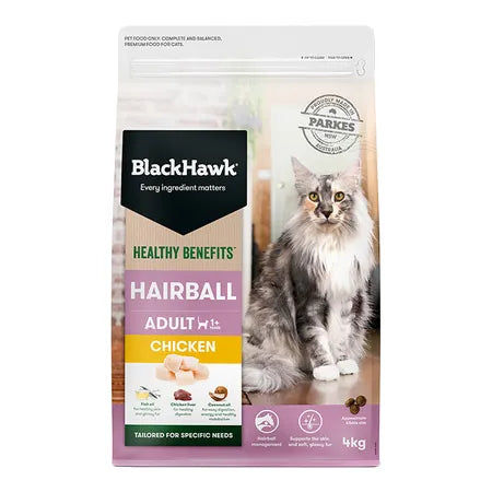 3. **Ingredient-Related**  Black Hawk Healthy Benefits Adult Cat Hairball Chicken Cat Food