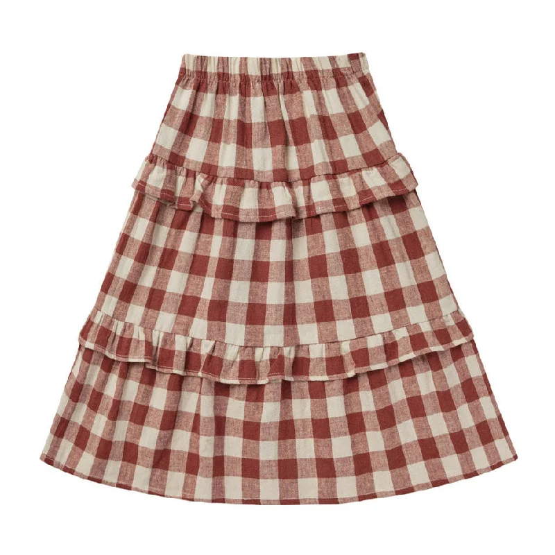 Rylee and Cru Ruby Plaid Ruffled Midi Skirt