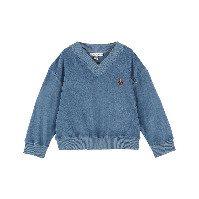 Emile et Ida Blue Velour V-Neck Sweatshirt