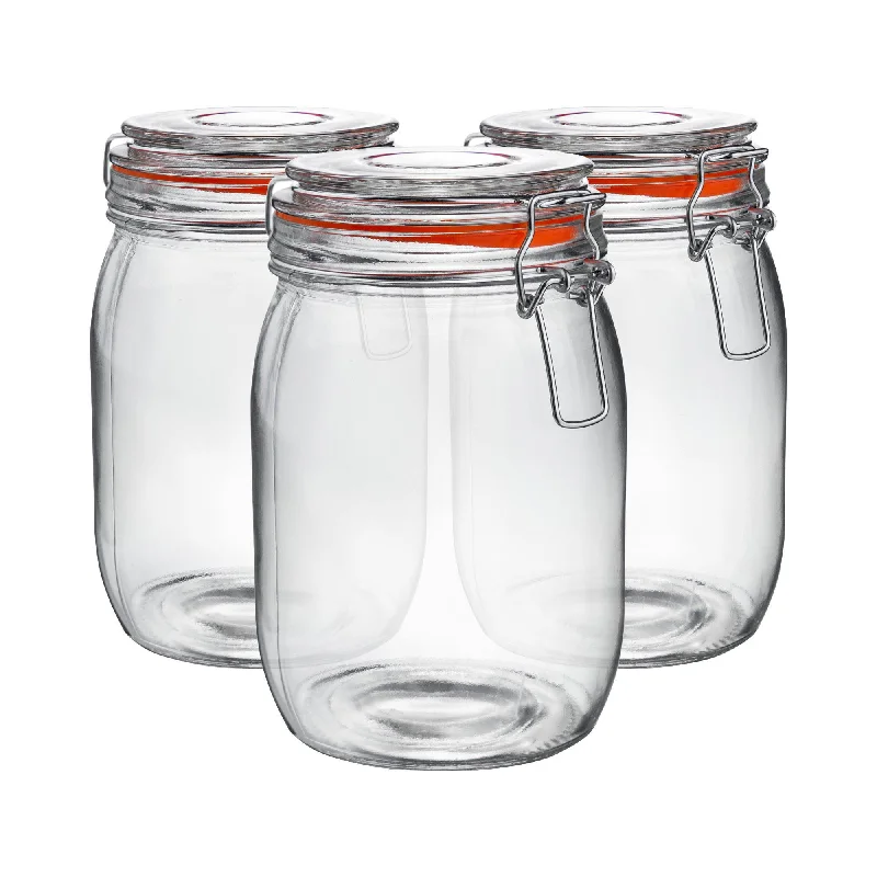 1L Air tight Glass Storage Jars + Four Free Coloured Seals Per Jar - Pack of Three