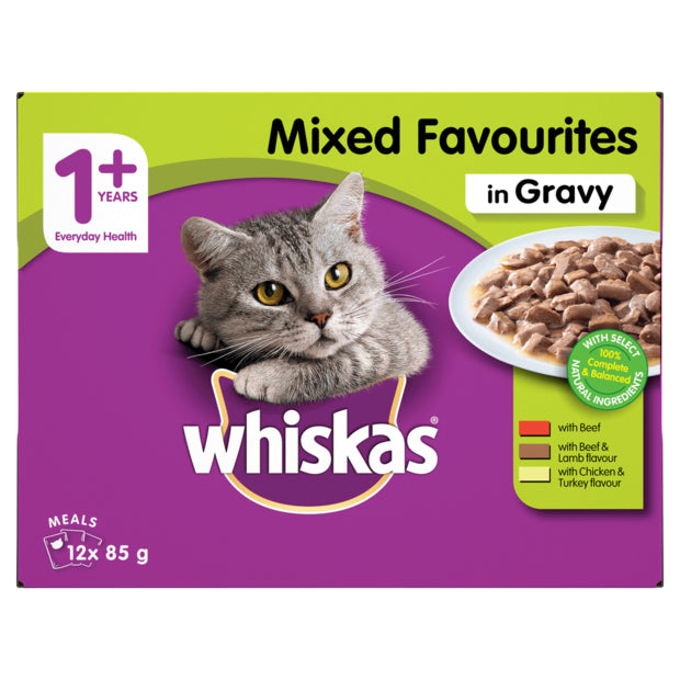    - Fish-based cat food  Whiskas Adult Mixed Favourites In Gravy Wet Pouches Cat Food 12pk