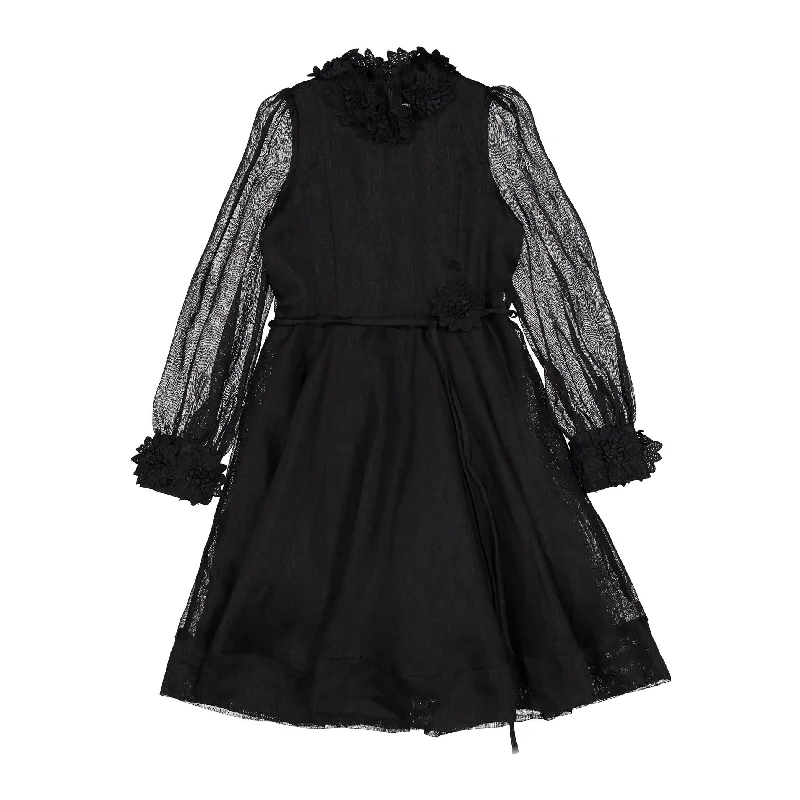 Petite Amalie Black Silk Linen  Flower Applique Dress