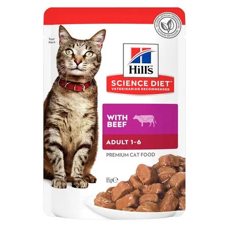    - Cat food for dental health  Hill's Science Diet Adult 1-6 Beef Wet Pouches Cat Food 12x85g